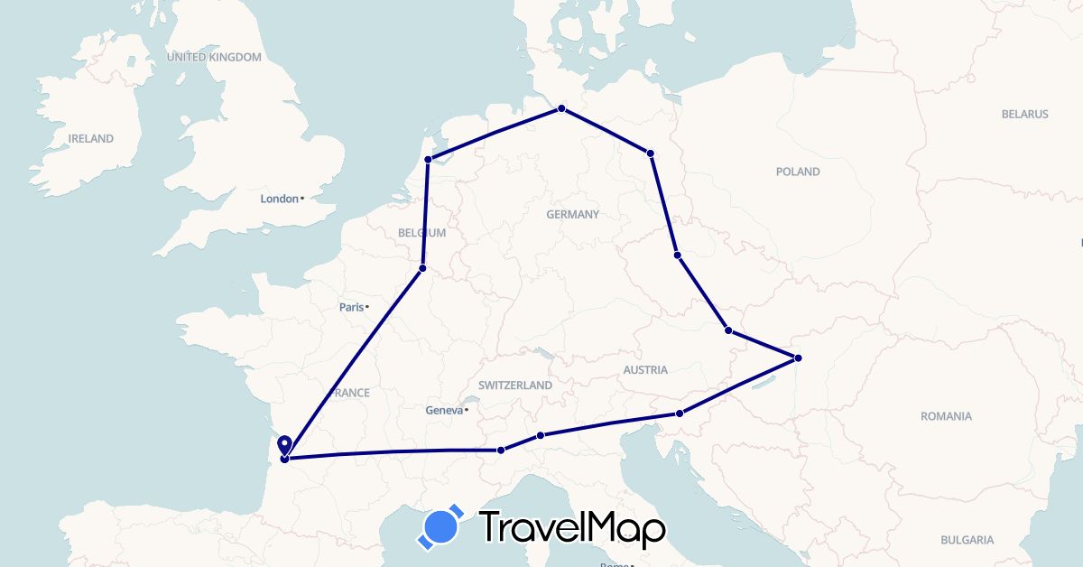 TravelMap itinerary: driving in Austria, Czech Republic, Germany, France, Hungary, Italy, Netherlands, Slovenia (Europe)
